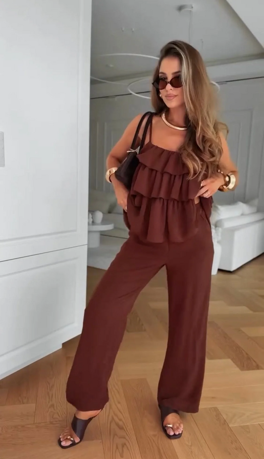 Kadınlar için günlük iki parçalı pamuklu ve keten yelek pantolon takımı