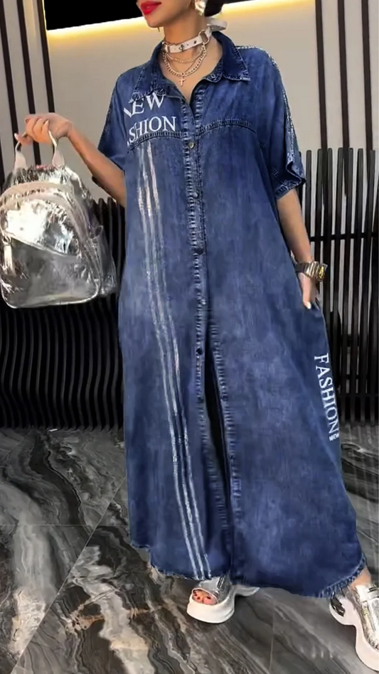 Yakalı kadın elbisesi Tencel Denim Rahat ve şık