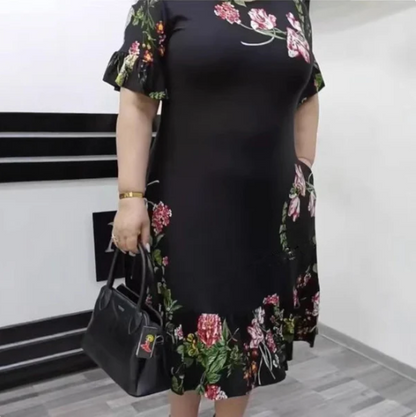 Baskılı zarif büyük beden fırfırlı elbise