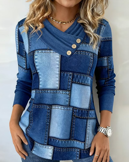 Kadınlar için kontrast renkte uzun kollu V yakalı bluz