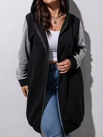 Kadın Renk Bloklu Kapüşonlu Fermuarlı Uzun Hırka - Rahat Bol Kesim Sweatshirt Ceket