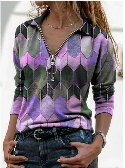 Çok Renkli Geometrik Fermuarlı Uzun Kollu Gömlek