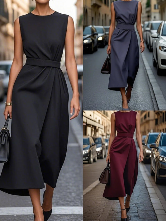 Zarif, yüksek belli, düz renk elbise