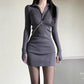 Gri Süet Fermuarlı Yaka Dar Paça Mini Elbise