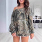 Kadınlar için Omuzları Açık Kamuflaj Desenli Sweatshirt