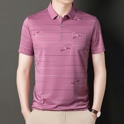 Erkek Golf Gömleği - Beyaz, Mavi ve Beyaz Çizgili Twill