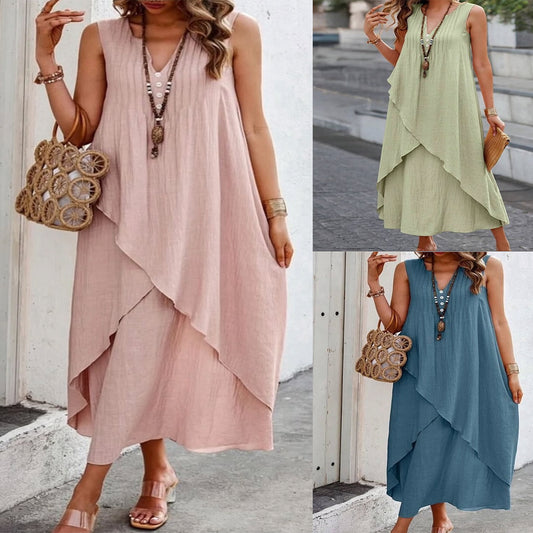 Kadınlar için V yakalı günlük kolsuz elbise