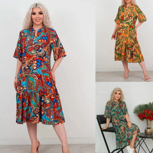 [S-5XL] Kadın kısa kollu baskılı elbise