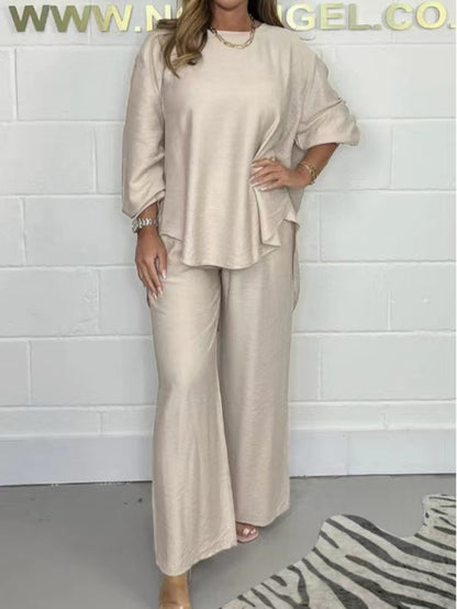 Pamuk ve ketenden yuvarlak yakalı günlük takım elbise