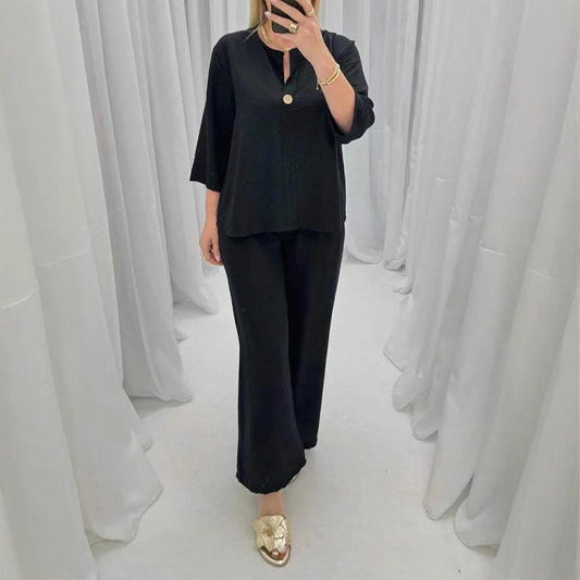 Kadın pamuklu-keten gömlek ve pantolon takımı
