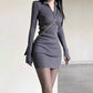 Gri Süet Fermuarlı Yaka Dar Paça Mini Elbise
