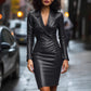 Sıkı PU deri yapıya sahip uzun kollu gömlek elbise