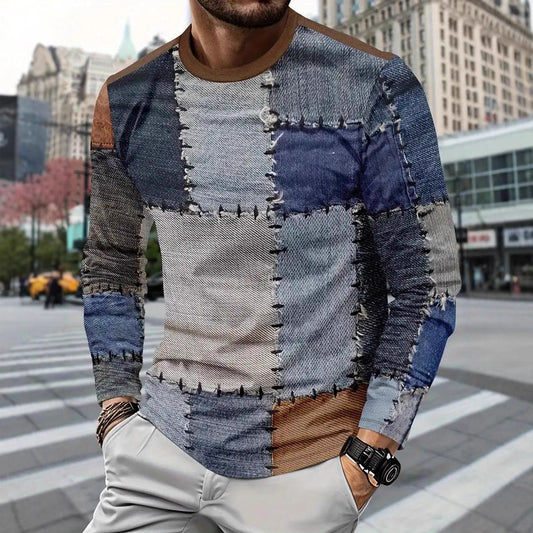 Erkekler İçin 3D Baskılı Kot Patchwork Desenli Tişört