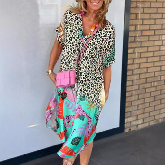 Bol, nefes alabilen leopar desenli elbise