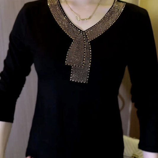 [XL-6XL] 2025 Yüksek kaliteli kışlık uzun kollu kadife tişört, yapay elmaslarla süslenmiş