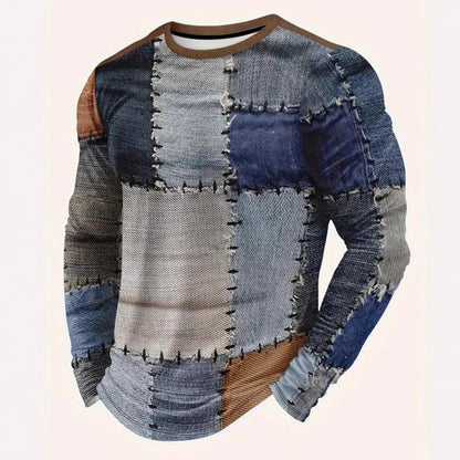 Erkekler İçin 3D Baskılı Kot Patchwork Desenli Tişört