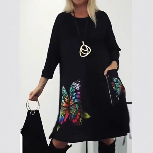 【S-5XL】Kadın Kelebek Desenli Yuvarlak Yaka Elbise