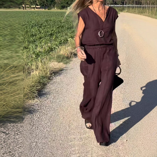 Kadınlar için günlük iki parçalı pamuklu ve keten yelek pantolon takımı