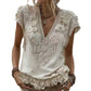 Kadınlar için gül işlemeli, kısa kollu keten karışımlı V yakalı tişört