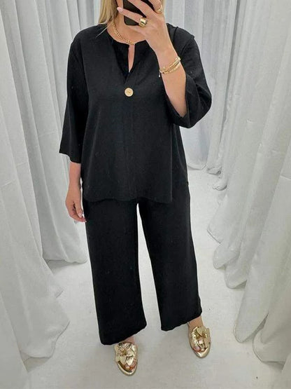 Kadın pamuklu-keten gömlek ve pantolon takımı