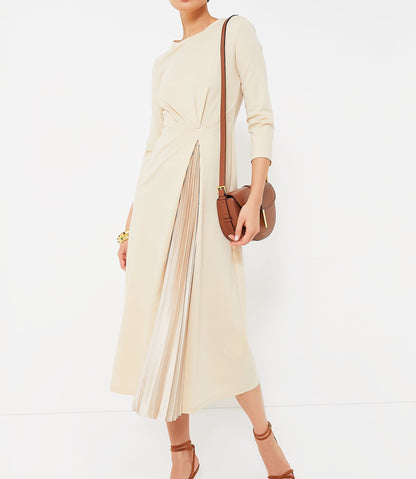 Zarif Büküm Bel Pileli Panel Midi Elbise