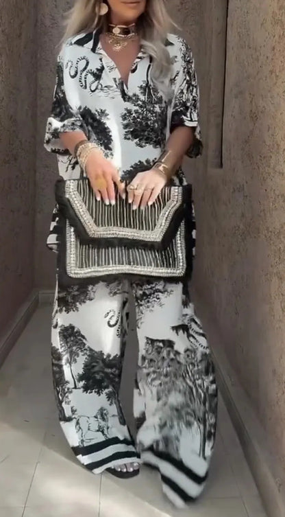 Kadınlar için V yakalı, desenli üst ve pantolonlu, bol, günlük takım elbise