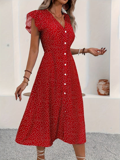 ZARVINO™8668|👗Kadınlar için fırfırlı puantiyeli V yakalı ve kemerli maksi elbise