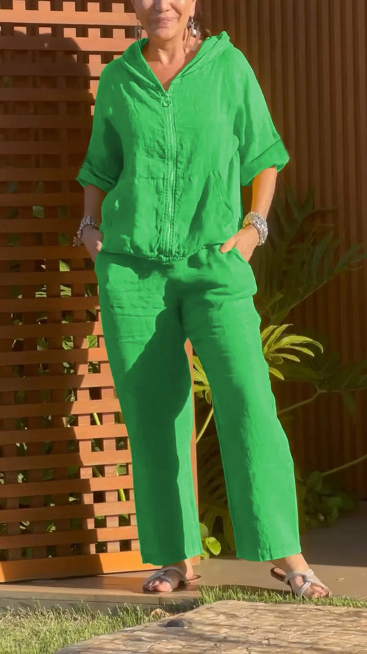 Pamuk ve ketenden fermuarlı iki parçalı kapüşonlu takım elbise