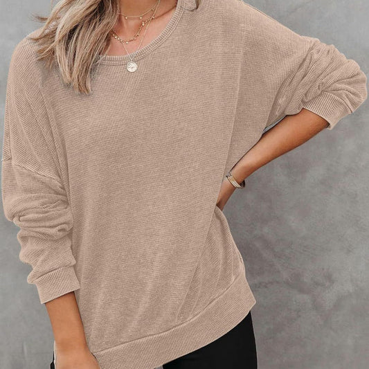 Kadın Yuvarlak Yaka Yan Yırtmaçlı Waffle Günlük Sweatshirt