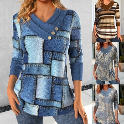 Kadınlar için kontrast renkte uzun kollu V yakalı bluz