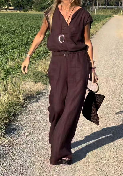 Kadınlar için günlük iki parçalı pamuklu ve keten yelek pantolon takımı