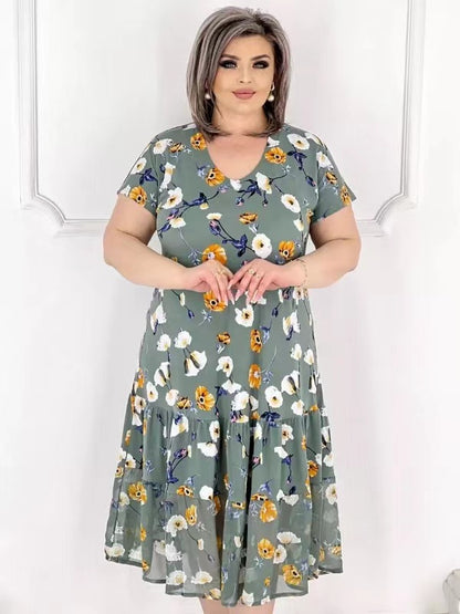 V yakalı ve çiçek desenli modern kadın elbiseleri