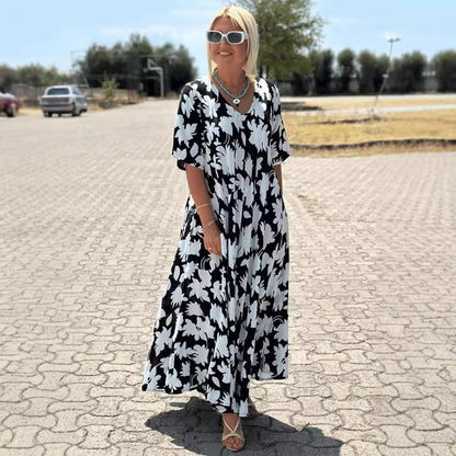 V yakalı, günlük çiçekli maksi elbise