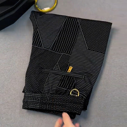 Şık ve rahat erkek uzun pantolonu - düz kesim, elastik bel bandı ve jakarlı kumaş, lüks ve hafif stil