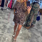 Kadın Leopar Desenli Eğimli Yaka Tişört + Şort Günlük Takım