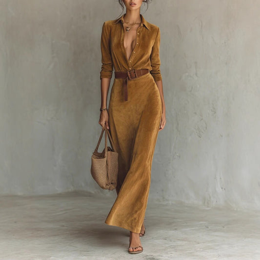 Yaka detaylı tek düğmeli süet maksi elbise