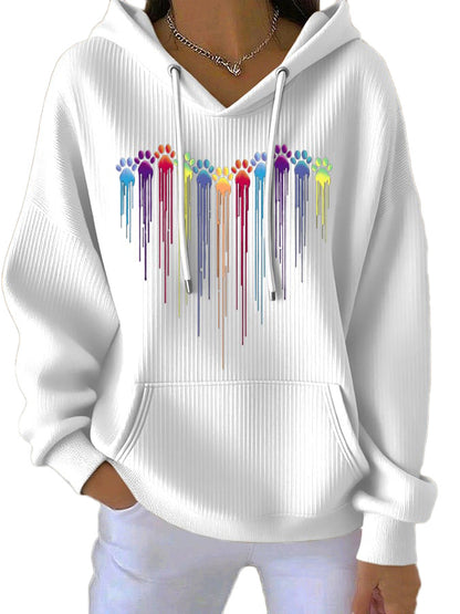 Kadınlar İçin Renkli Köpek Kalp Pati Baskılı Günlük Kapüşonlu Sweatshirt