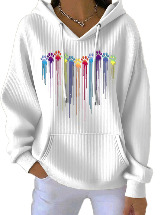 Kadınlar İçin Renkli Köpek Kalp Pati Baskılı Günlük Kapüşonlu Sweatshirt