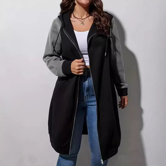 Kadın Renk Bloklu Kapüşonlu Fermuarlı Uzun Hırka - Rahat Bol Kesim Sweatshirt Ceket
