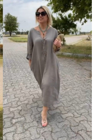 🎁👗V yakalı pamuklu ve keten elbise