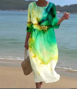 🌺S-5XL🌺Desenli yuvarlak yakalı geniş elbise