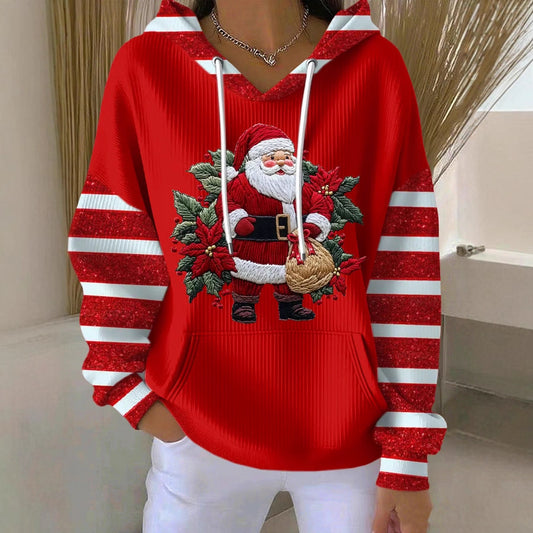 Noel Baba baskılı kadın kapüşonlu üst