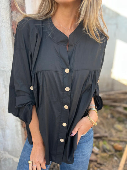 Kadınlar için uzun kollu pamuklu ve keten düğmeli gömlek