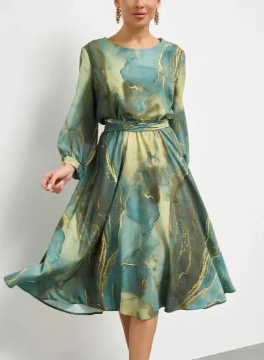 2025 Yeni Baskılı Belden Oturan Fransız Uzun Kollu Elbise