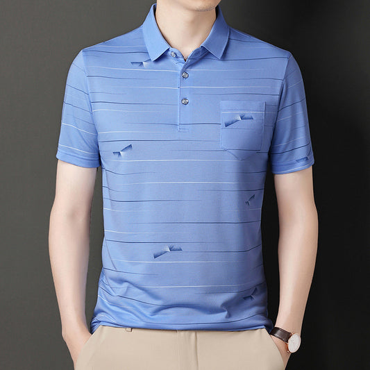 Erkek Golf Gömleği - Beyaz, Mavi ve Beyaz Çizgili Twill