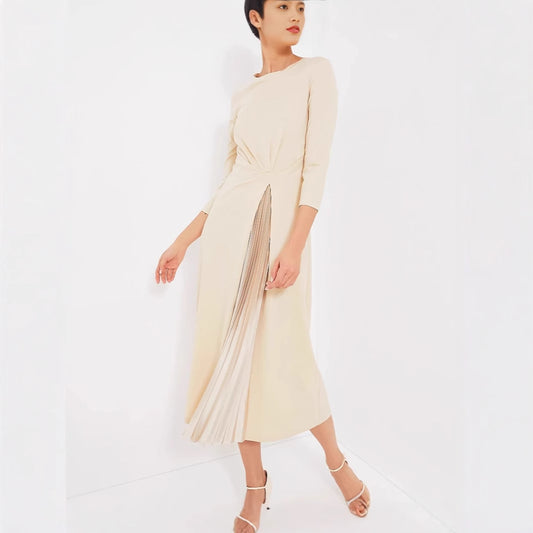 Zarif Büküm Bel Pileli Panel Midi Elbise