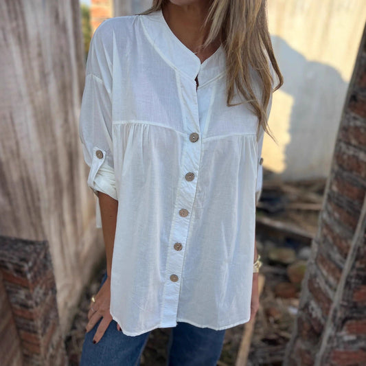 Kadınlar için uzun kollu pamuklu ve keten düğmeli gömlek