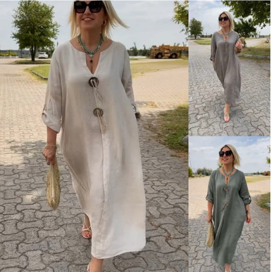 🎁👗V yakalı pamuklu ve keten elbise