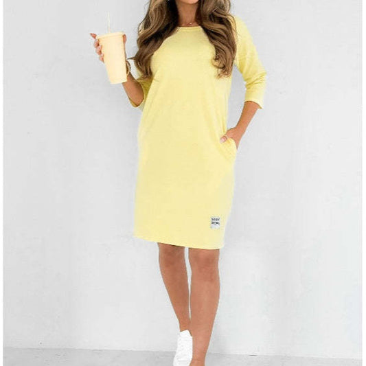 Yuvarlak Yakalı ve Cepli 3/4 Kollu Elbise