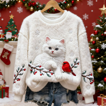 Kedi ve Kuş Motifli Kadın Flanel Noel Kazak